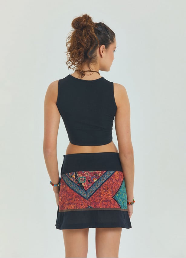 Snap Closure Patchwork Wrap Black Mini Skirt 4669